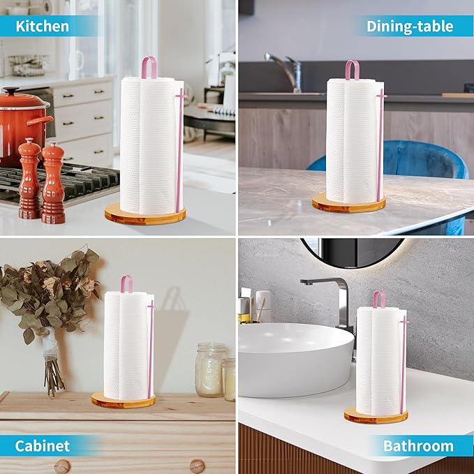 Wood Paper Towel Holder Countertop, TONLEA Kitchen Paper Towel Holder FreeStanding with Non-Slip Base for Kitchen and Bathroom Organization, Kitchen Roll Holder for Standard and Large Rolls
