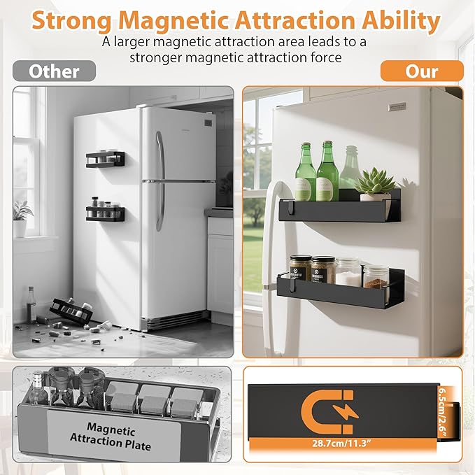 6 Pack Magnetic Spice Rack Organizer for Refrigerator and Oven, Movable Magnetic Hanging Kitchen Spice Rack with 6 Hooks, Black