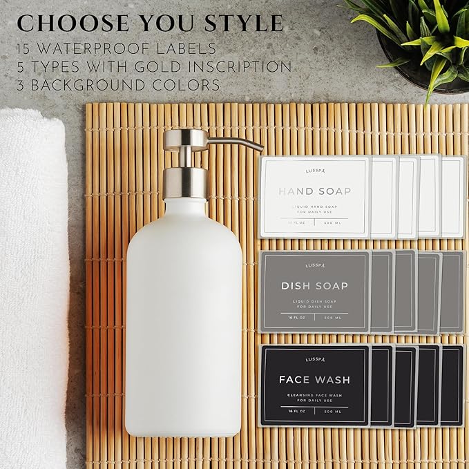 Lotion, Hand & Dish Soap Dispenser for Kitchen & Bathroom | Soap Dispenser Set of 2 16.8 Oz Glass Bottles with Stainless Steel Pump, 15 Water Proof Labels & Silicon Tray (White/Silver)