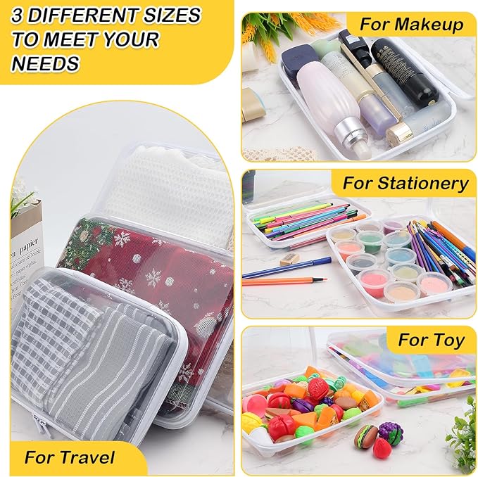 AOBOPLE Clear Hard Shell Zipper Case,3PCS M+L+XL(13.78"x11.8"+9.8"x7.87"+8.66"x6.1") Large Toy Storage Bags,Plastic Transparent Hard Zipper Case Travel Waterproof Organizer Bags for Puzzles,Cosmetics