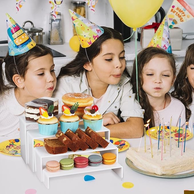 ELEGANTLIFE Acrylic Display Risers Set of 4, 4-Level Tiered Display Stands for Cupcakes, Small Figures & Jewelry, Compact Countertop Display Shelf, Multiple Colors Available (White)