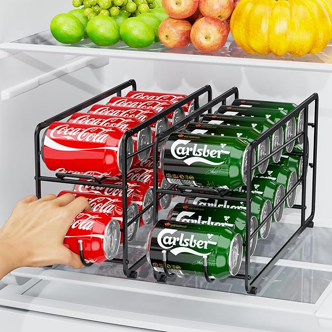 Soda Can Organizer Storage Rack, 2 Pack Stackable Beverage Soda Can Dispenser Organizer Holder for Refrigerator, Cabinet, Pantry (Black)