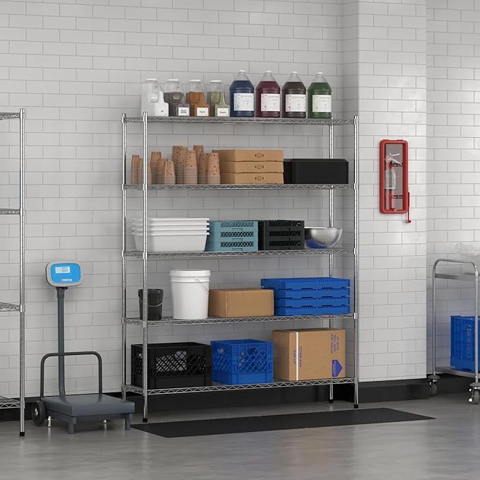 Commercial NSF Listed Chrome Stationary Wire Shelving Kit 14" x 60" x 74", with 5 Shelves Perfect for Warehouse, Walk-in Refrigerator, Freezer, Grocery Store, Restaurant, Dishroom