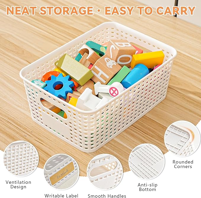 12 Pack Plastic Storage Baskets for Organizing, Storage Baskets with Handles, Plastic Storage Bins with Labels, Organizer Baskets for Kitchen, Pantry Organizers and Storage,Cabinet,Closet