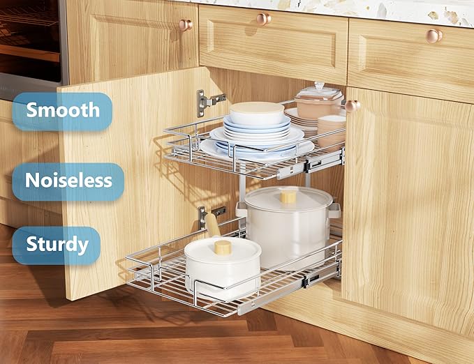 LOVMOR Individual Pull Out Cabinet Organizer, 2 Tier Cabinet Drawers Slide Out, Pots and Pans Organizer and Storage Pantry Shelf for Kitchen (11" W x 21" D)