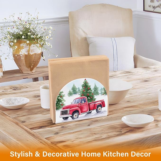 Christmas Red Truck Pine Tree Napkin Holder for Table Paper Napkins Holder Acrylic Tissue Dispenser Kitchen Dining Room Bathroom Party Car Decor