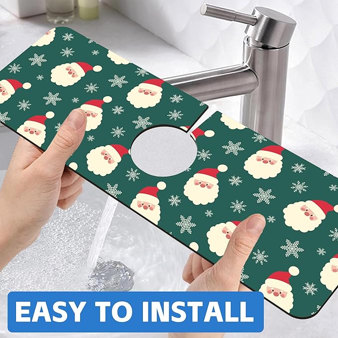 Christmas Kitchen Sink Splash Guard Mat Santa Claus and Snowflakes Sink Splash Guard Faucet Mat Draining Mat Fast Drying Sink Protectors for Kitchen and Bathroom 5.5"×15"