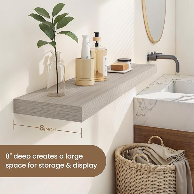 Dreamland Deep Floating Shelves, 8" Deep Long Shelves Set of 2, 40 Inches Floating Shelf for Wall,Large Display & Storage Shelf for Bathroom Bedroom Living Room Kitchen Office, Grey