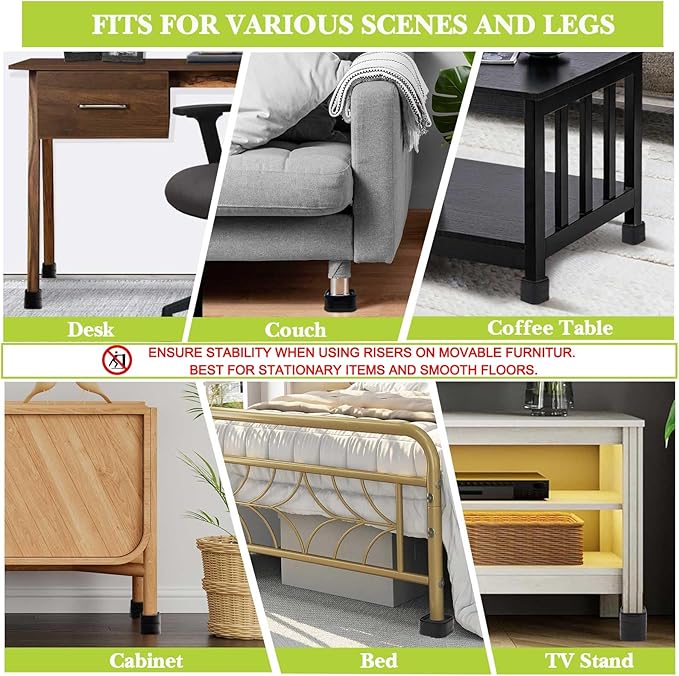 4 Pack Furniture Risers 1 Inch, Adjustable Bed Risers Heavy Duty for Table Desk Couch Chair Sofa Cabinet Bed Legs Dorm, Square Stackable Bed Raisers Blocks Lift Height 1", 2" or 3", Black