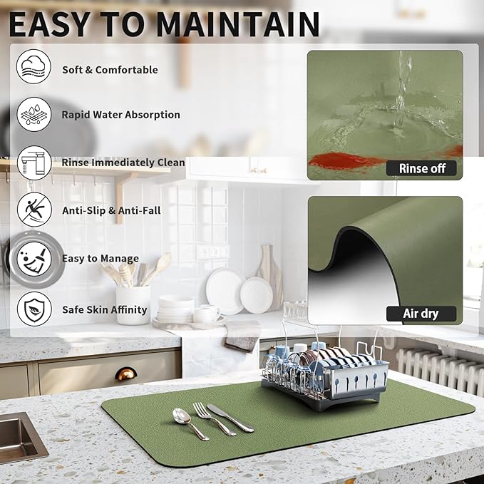 Dish Drying Mat for Kitchen Counter, Heat Resistant Drainer Mats with Non-slip Rubber Backed, Hide Stain Kitchen Super Absorbent Draining Mat, Easy to Clean Dish Rack Pad, Green 16"x18"