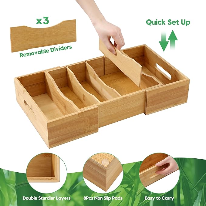 2 Pack Expandable Food Container Lid Organizers, Gift for Christmas Bamboo Lids Organizer Inside Cabinet with 3 Adjustable Dividers Groove Design, Food Storage Box Lid Holder for Kitchen Organization