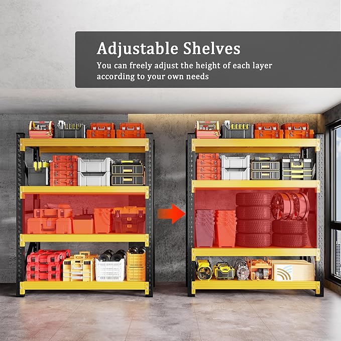 59" W Garage Shelving 3000LBS Garage Storage Shelves 4-Tier Metal Adjustable Shelf Unit Storage Rack for Basement Supermarket Warehouse 59" W x 24" D x 78" H Yellow