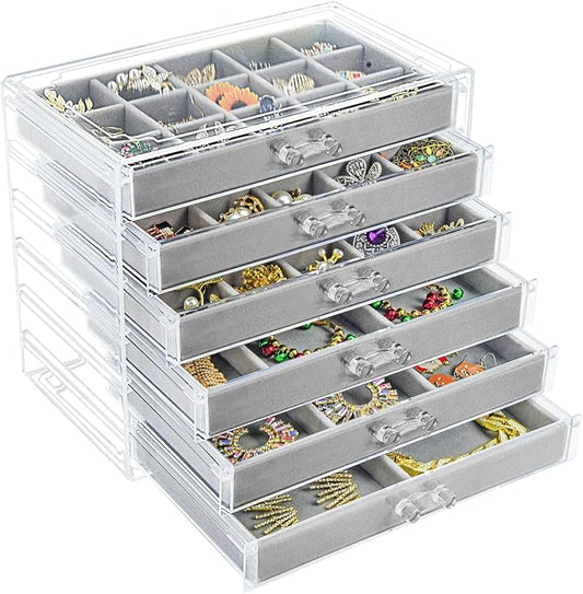 Acrylic Jewelry Box with 6 Drawers, Clear Earring Storage Organizer Display Case for Women Girls, Gray