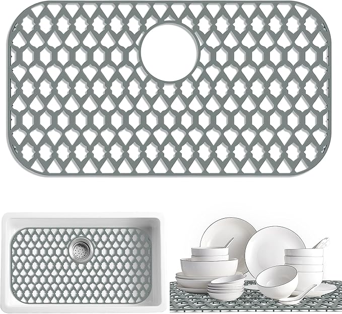 SAMSIER Sink Protectors for Bottom of Kitchen Sink 13x11 &16x12 &19x14 &21x16 &22x13 &24x13 &28x14 &30x16, Large Farmhouse Silicone Mats Grid (26”x14”, Rear Drain)
