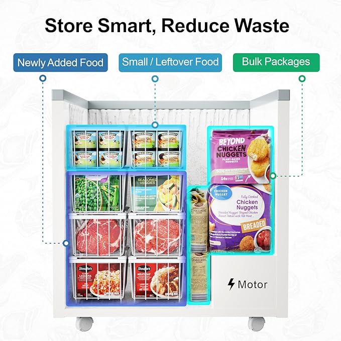 iSPECLE Freezer Organizer Bins, 4 Pack Deep Freezer Baskets for 5 to 7 Cu.Ft, Stackable Wire Chest Freezer Organizer Bins for Small Food, Strong Metal with Handles for Meat and Veggies, White