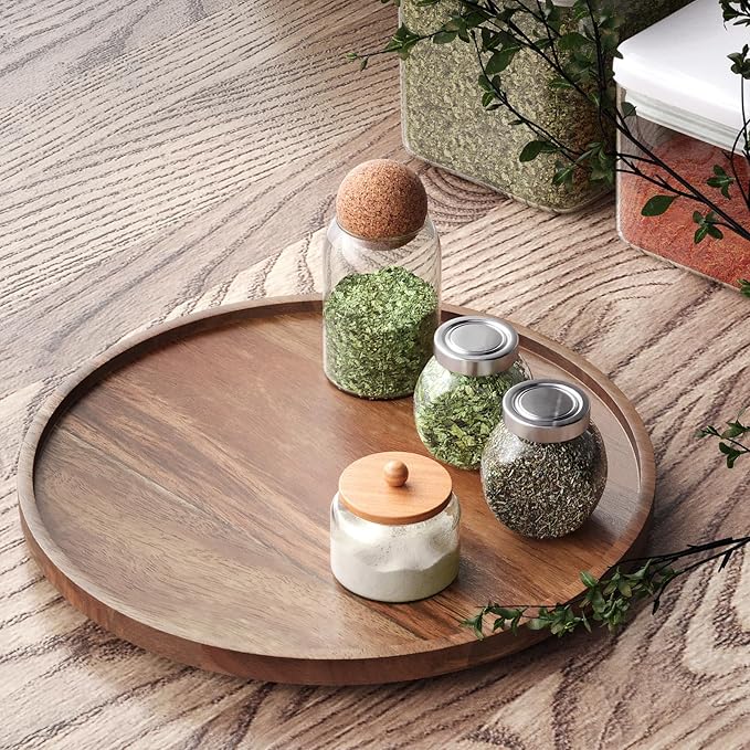 Lazy Susan Organizer for Kitchen,Acacia Wood Turntable for Cabinet, Pantry, Table, Countertop, Vanity, Spice Rack（Large）