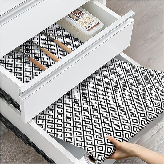 ALIUNI Drawer and Shelf Liner, Non-Slip Kitchen Cabinet Liners Non-Adhesive Thick Strong Grip Waterproof Washable Mats Protect Dresser Shelves Cupboard Bathroom Cabinets, Black & White, 12 in X 10 FT