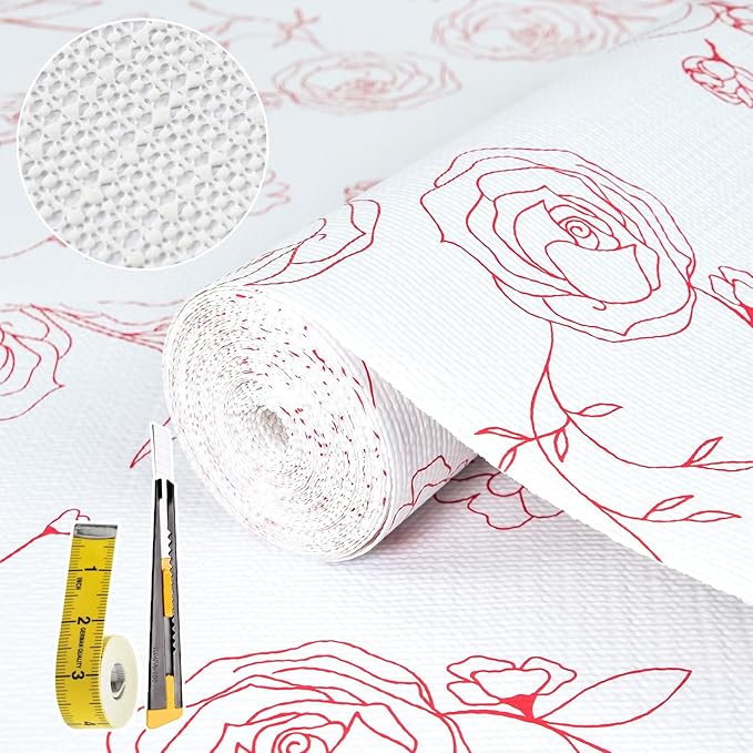 Shelf Liners for Kitchen Cabinets 12in x 20FT Non Adhesive Drawer Liner Red and White Floral Thickened Shelf Liner Paper Strong Non-Slip Easy to Clean for Tool Box with Knife and Tape Measure