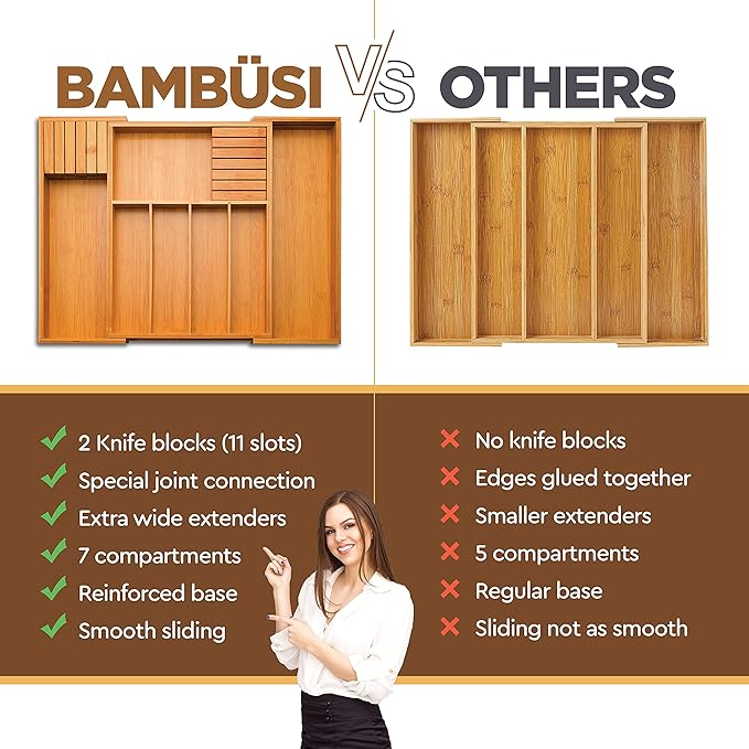 Expandable Drawer Organizer with Knife Block - Bambusi Bamboo Kitchen Utensil & Silverware Organizer, Adjustable Cutlery Tray Divider for Flatware, 7 Compartment Large Drawer Organizer