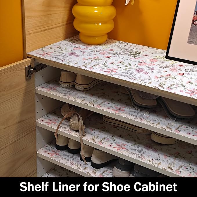 Amiitay Leaf Floral Shelf Liners Non Adhesive and Strong Non-Slip Shelf and Drawer Liners for Kitchen Cabinet Wire Fridge, Waterproof Shelf Drawer Liner,Easy to Clean,12IN x 10FT