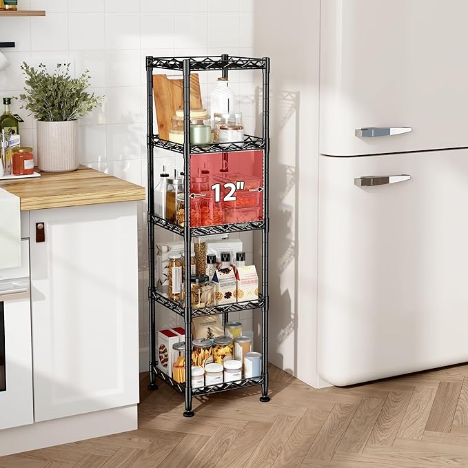 5 Tier Metal Shelving Unit Wire Shelves Storage Rack:Adjustable Storage Shelves Standing Bathroom Shelf and Narrow Small Shelf for Laundry Dorm Kitchen Pantry Closet Office 12''Wx12''Dx49''H Black