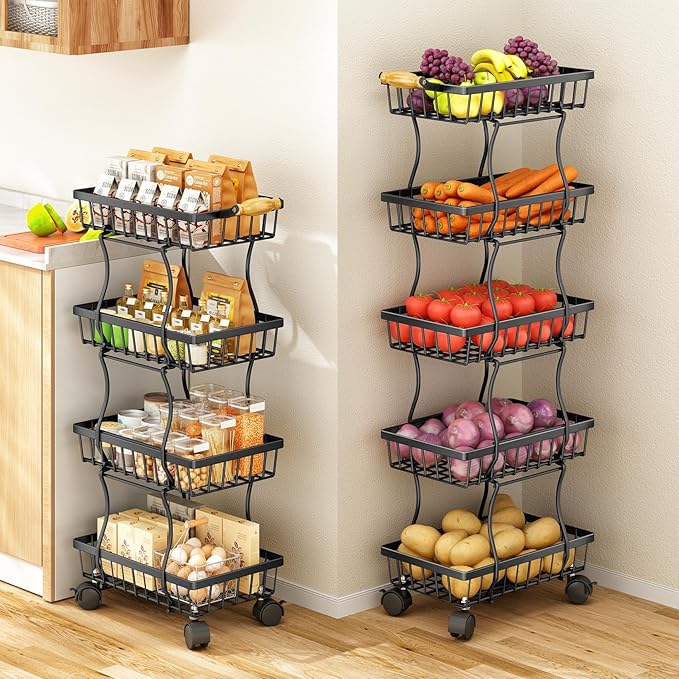 SAYZH Fruit Basket Kitchen Pantry Organizers and Storage - 5 Tier Stackable Metal Wire Basket Stand for Fruit Vegetable Snacks Jars Bins Containers Organization, (Black, 5 Tiers)