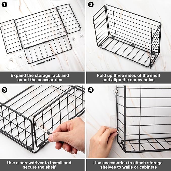 Lonian Wall Mounted Storage Basket, Black Metal Wire Kitchen Wrap Organizer Rack, Heavy Duty Hanging Basket for Cabinet Door, Pantry, Cutting Boards, Foil, and Cleaning Supplies