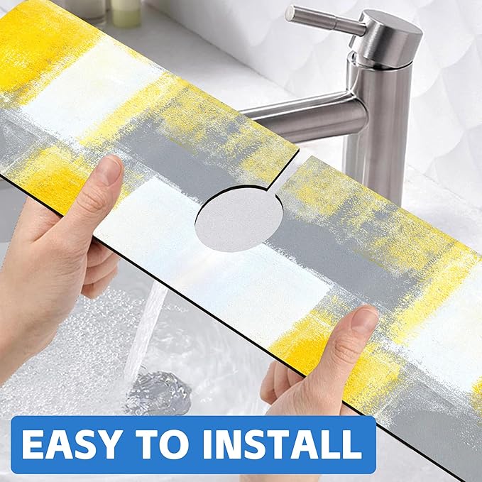 Grey and Yellow Abstract Kitchen Sink Splash Guard Mat Absorbent Fast Drying Mat Faucet Draining Mat Sink Splash Guard Behind Faucet Drip Catcher for Kitchen Bathroom 5.5"×24"