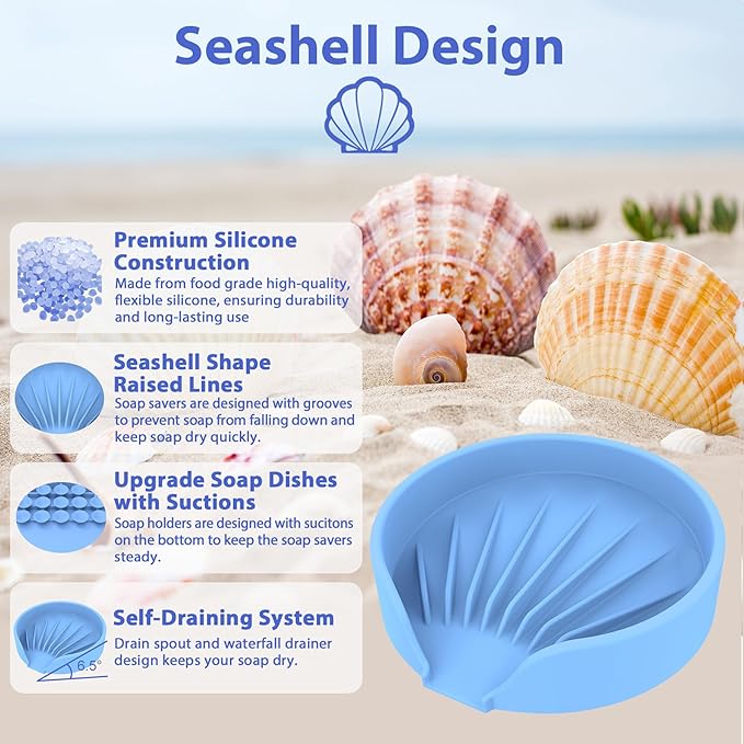 Self Draining Soap Dish, Silicone Soap Holder with Suction Cup and Drain Spout, Kitchen Bathroom Sink Organizer, Dish Soap Bar Tray Savers Sponge Holder, Perfect for Dispenser, Scrubber, Bottle, Cup