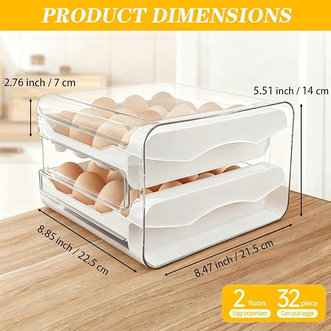 Egg Holder for Refrigerator 2 Tier Clear Stackable Egg Tray with Drawer Space Saving Eggs Storage Container with Handles for Countertop Kitchen Baking (32 Eggs)