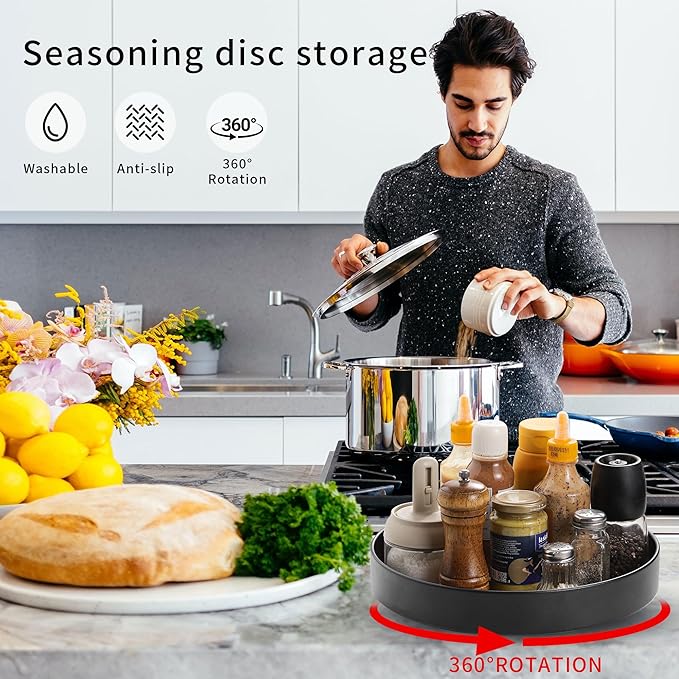 Non-Slip Rotating Lazy Susan Turntable, 360-Degree Swivel, Black with Textured Surface (Black, 12 inches)