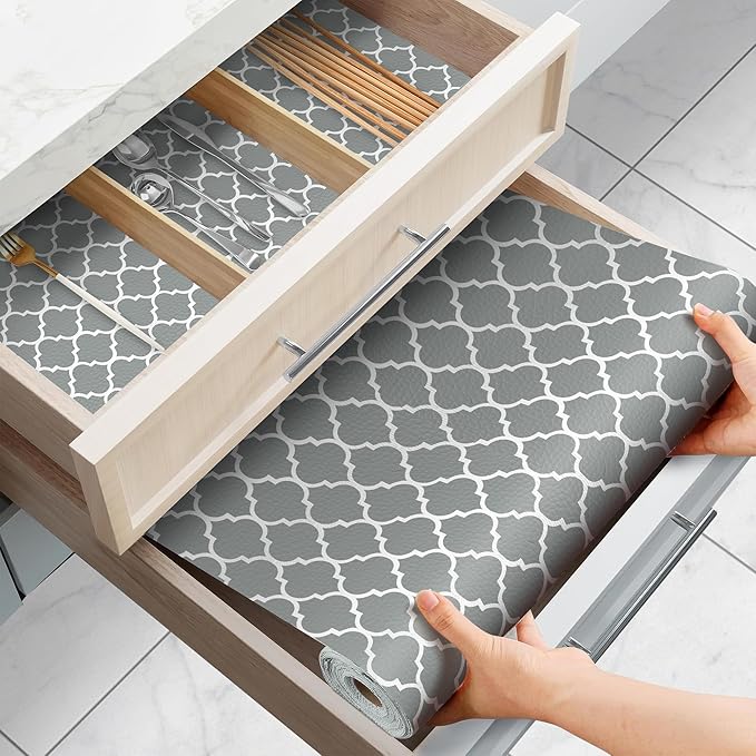 Gopas Drawer and Shelf Liner for Kitchen Cabinets Non-Adhesive, Non-Slip Cabinet Liner Shelf Paper Strong Grip Waterproof Easy to Clean for Kitchen Shelves Cupboard, Gray Lantern,17.5IN X 10FT