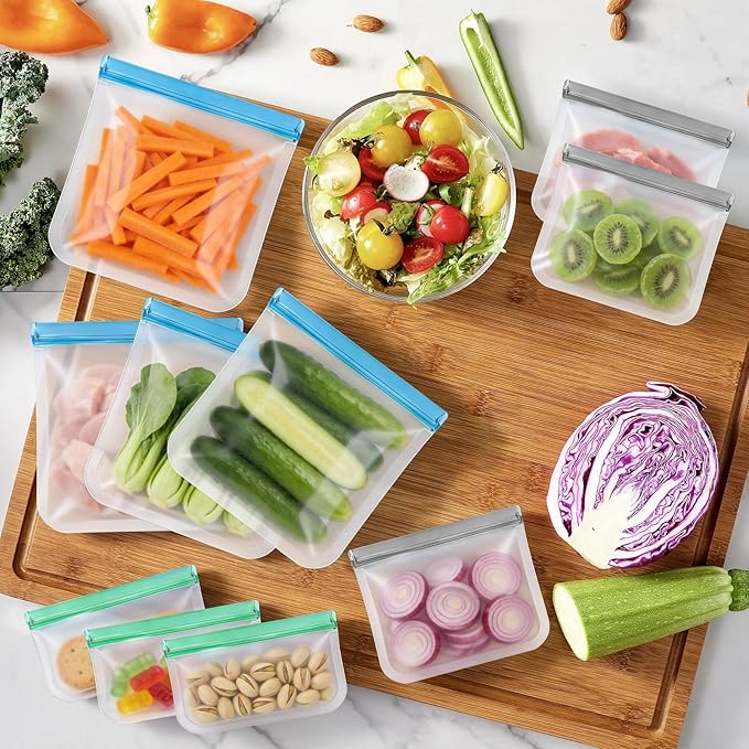 SZTCECDM Reusable Silicone Freezer Storage Bags, 9Pack Multi-Size Food Storage Containers, Leakproof Freezer & Microwave Safe Reusable Snack & Sandwich Bags - 3 Gallon 3 Snack 3 Sandwich Bags