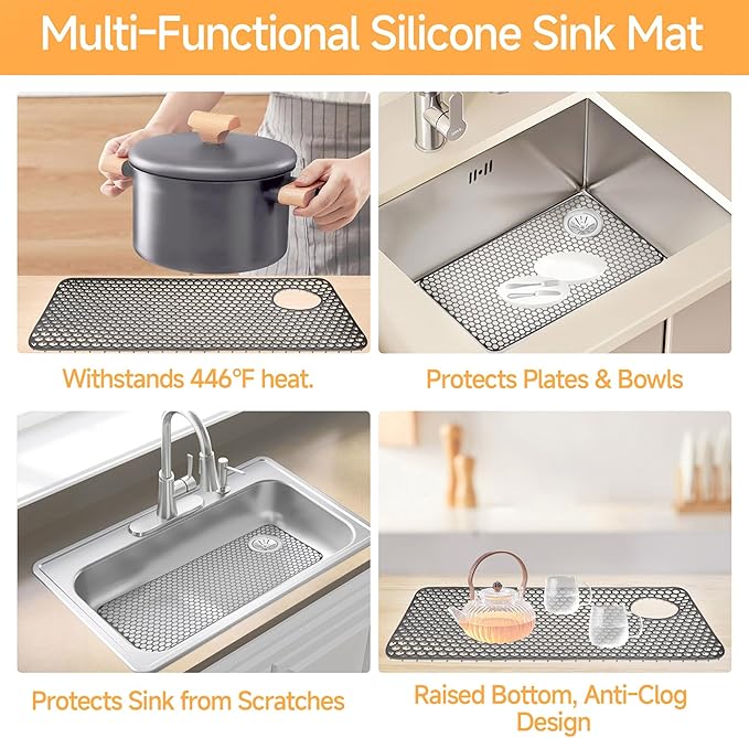 Myirxcv Silicone Sink Mat, 28.62"x 14.76" Heat-resistant Sink Protectors, Drying Mats for Kitchen of Bottom Farmhouse Porcelain Stainless Steel, Kitchen Accessory, Right & Left Drain（Grey）