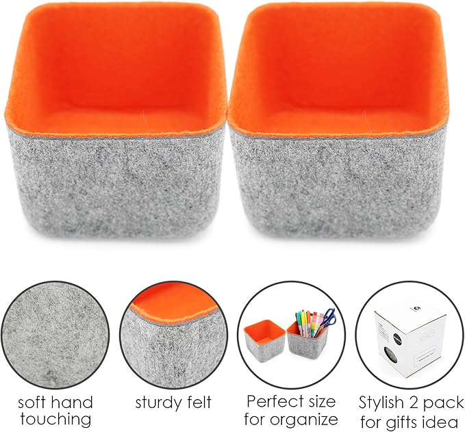 Welaxy 2-piece Storage bins Set Office Drawer Organizers for School Dorm Home Kitchen bathroom bedroom Closet Cabinet Desk organize boxes Junk Organizing Fall room decor (Orange)