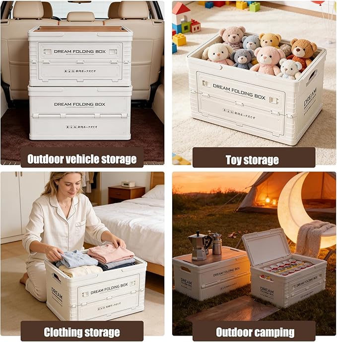 Collapsible Storage Bins with Wooden Lids, Foldable Stackable Storage Boxes with Handles, Cutting Board Top Organizer for Kitchen, Pantry, Camping, Picnic & Outdoor Use
