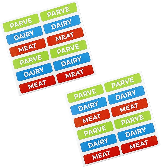 Kosher Sticker Labels, (24 Pack) 8 Blue Dairy, 8 Red Meat, 8 Green Parve Stickers, Ovenproof up to 500°, Freezable, Microwavable, Dishwasher Safe, English, Color Coded Kitchen Tools (Rectangle)