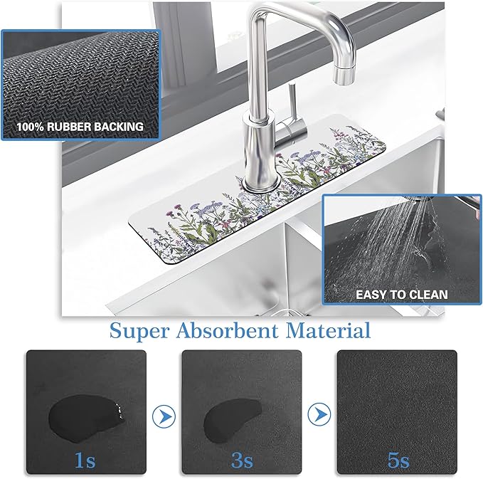 Faucet Mat Splash Guard Botanical Herbs Wild Flower, Soft Diatom Mud Material, Strong Water Absorption, Non-slip,Easy to Clean for Bathroom, Kitchen 15"X5.5"