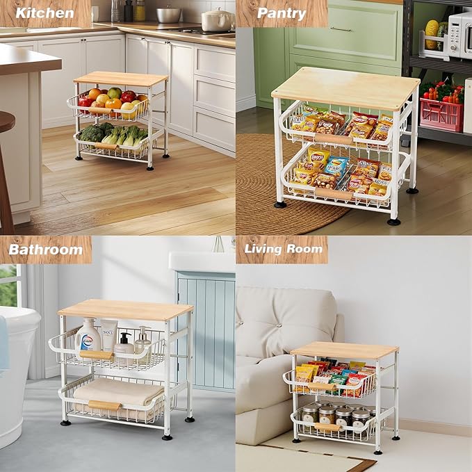 3-Layer Fruit Basket Kitchen Food Organizer and Rack Rolling Pantry Kitchen Cart On Wheels with Wood Top Table,Pull-Out Hollow Metal Basket for Sorting Spice Snacks Vegetables,White