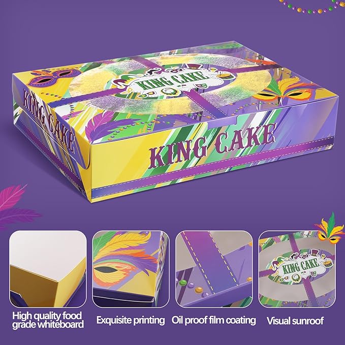 Ctosree 24 Pcs Mardi Gras King Cake Boxes with Window 14 x 10 x 3 Inches Cake Box Rectangle Cake Box Masquerade Party Goodie Gable Boxes for Mardi Gras Cake Decorating Supplies(Round Skylight)
