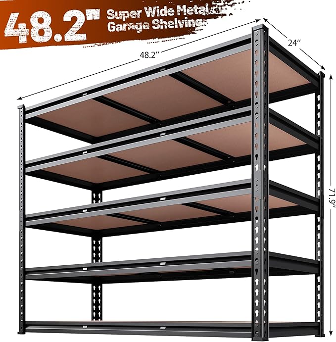 REIBII 48.2" W Garage Shelving, Storage Shelves Load 3000LBS, Adjustable Garage Shelving Heavy Duty for Pantry, Basement, Warehouse, 48.2" W X 71.9" H X 24" D, Black