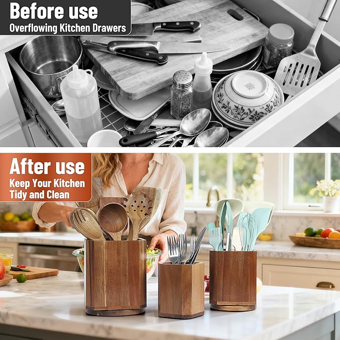 Wooden Utensil Holder Set: 3PCS Extra Large Acacia Wood Organizer with 360° Rotating Base for Kitchen Countertop - Farmhouse Storage Crock for Multi-Generation Family & Cooking Enthusiasts