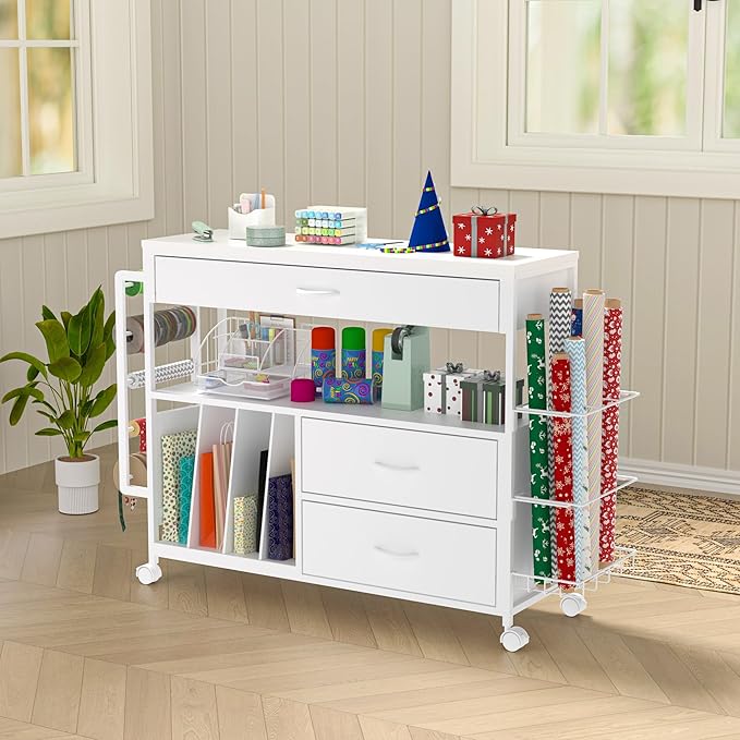 Wrapping Paper Storage & Organizer, Craft Cart with Ribbon & Gift Bag Storage, Wrapping Paper Organizer Holder(3 Wooden Drawers-White)