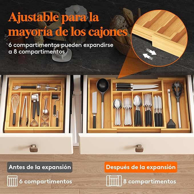 Lifewit Silverware Drawer Organizer, Expandable Utensil Tray for Kitchen, Bamboo Flatware and Cutlery Holder, Wood Adjustable Storage for Spoons Forks Knives, 13-22x15"/ 33 -56x38cm, Natural