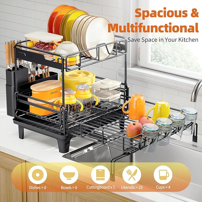 Dish Drying Rack - Extendable Dish Drainer, Large Dish Rack for Kitchen Counter, Rustproof Dish Strainer with Utensil Holder and Cups Holder, 2 Tier Black