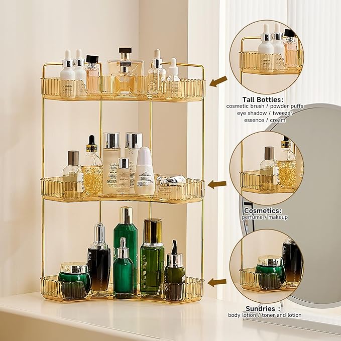 3-Tier Corner Bathroom Counter Organizer, Plastic Countertop Makeup Organizer, Large Capacity Vanity Bathroom Perfume Shelf Rack for Kitchen Office Desktop (Clear)