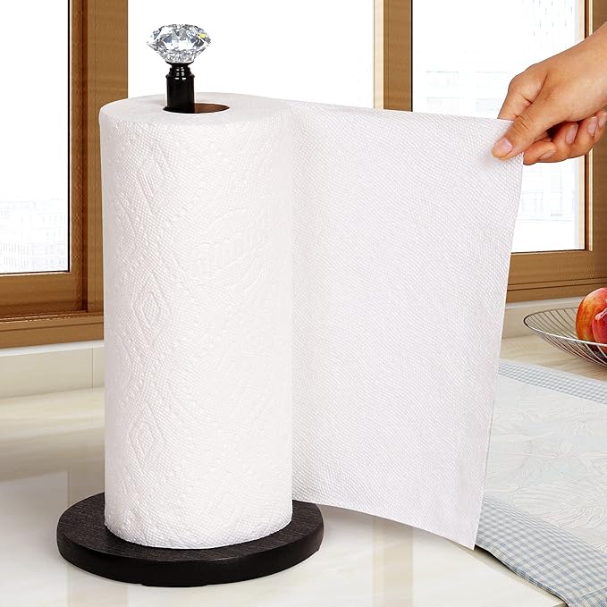 Paper Towel Holder Countertop, OBODING, Crystal Paper Towel Stand Holder, Black Solid Wood Weighted Paper Towel Holders for Standard and Large Size Rolls (Black)