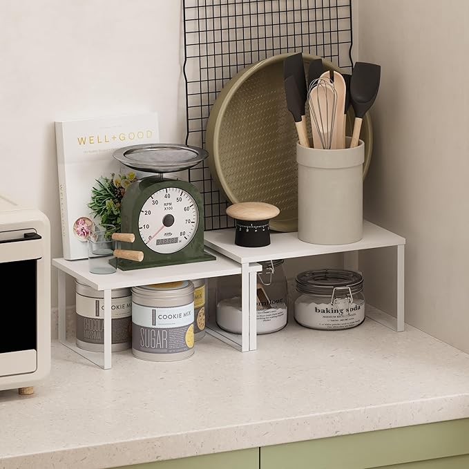 Furinno RAVEL Kitchen Countertop Organizer Set of 2, Counter Shelves, Kitchen Storage, Expandable, Stackable, Spice Rack, for Pantry, Coffee Bar, White