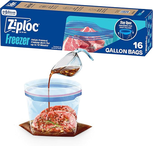 Ziploc Gallon Food Storage Freezer Bags, Stand-Up Bottom, Easy to Fill, 16 Count (Packaging May Vary)