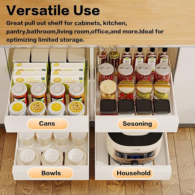 2 Pack Cabinet Organizer, 16.9" Deep Pull Out Drawers for Cabinets, Pull Out Cabinet Organizer Adhesive Heavy Duty Carbon Steel, 10'' Wide Kitchen Cabinet Organizer, Pantry Organizers